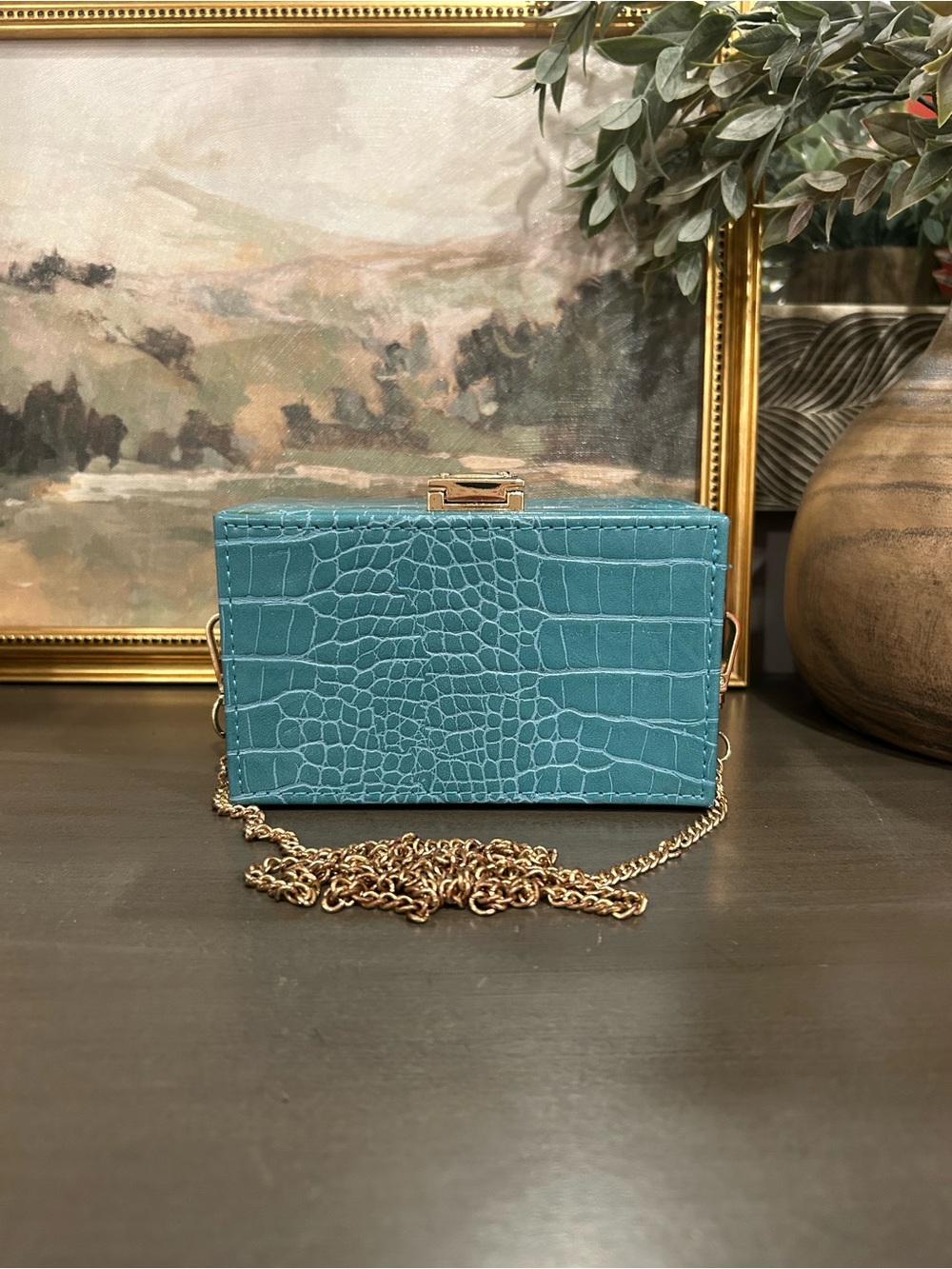 Teal Box Purse with Removable Gold Strap